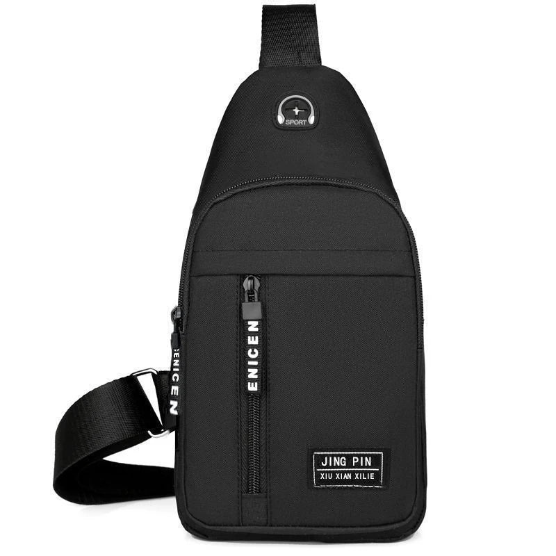 Black men's versatile crossbody sling chest bag with a strap and zipper.