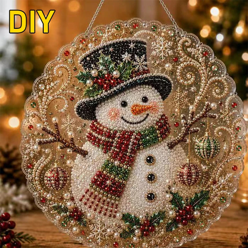 DIY pearl diamond painting snowman suncatcher with a lace edge