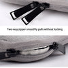 Close-up of a silver fabric laptop sleeve featuring two-way zippers and a tongue design for protection.