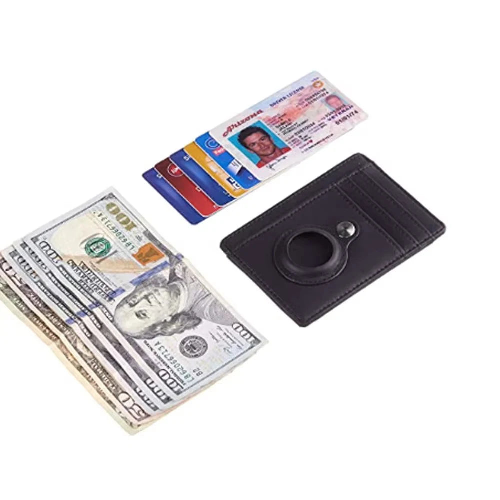 A black RFID blocking card holder wallet next to a stack of US hundred dollar bills and an ID card.