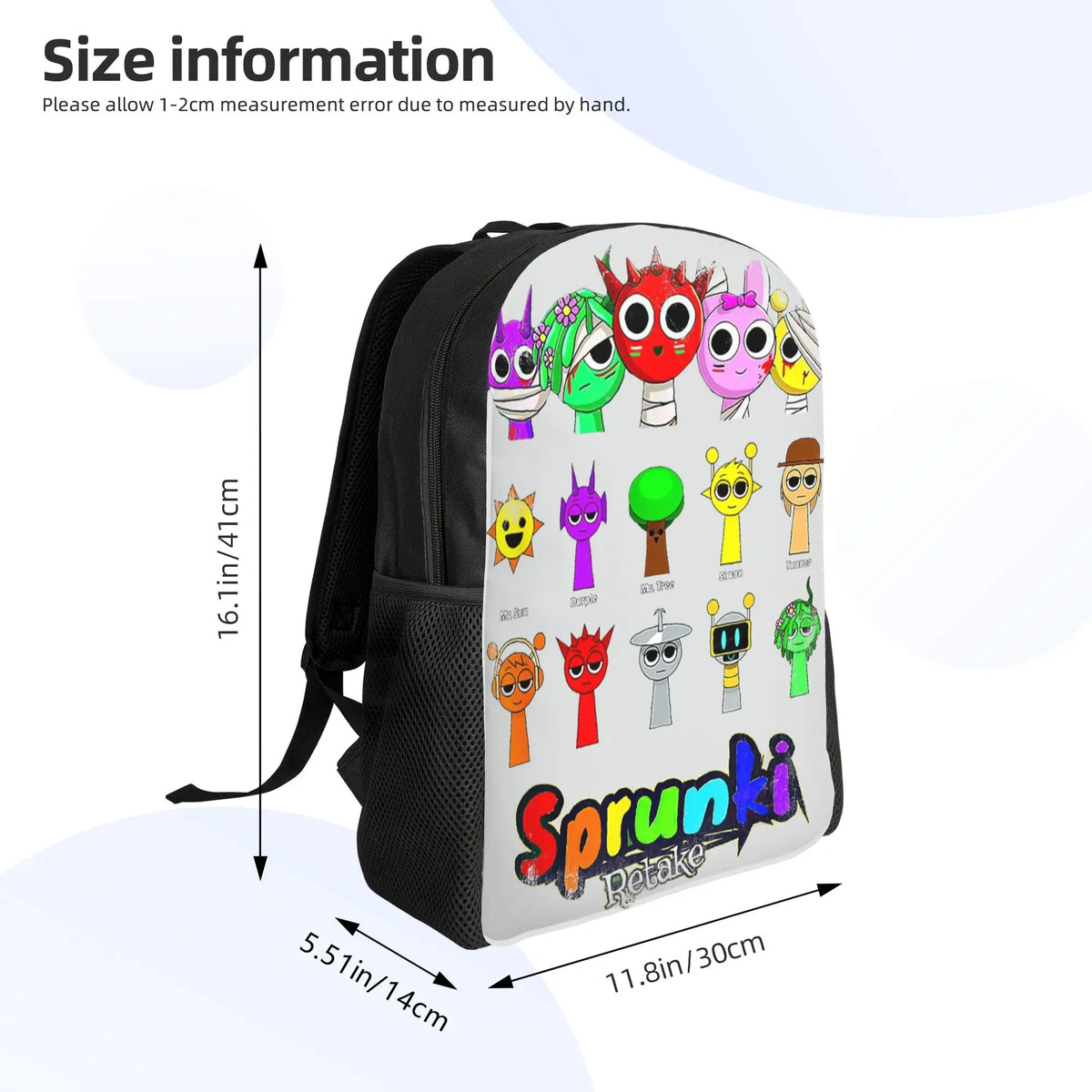 A black backpack featuring colorful alien and character designs on the front.