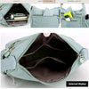 A light blue waterproof nylon crossbody shoulder bag showing interior pockets and capacity.