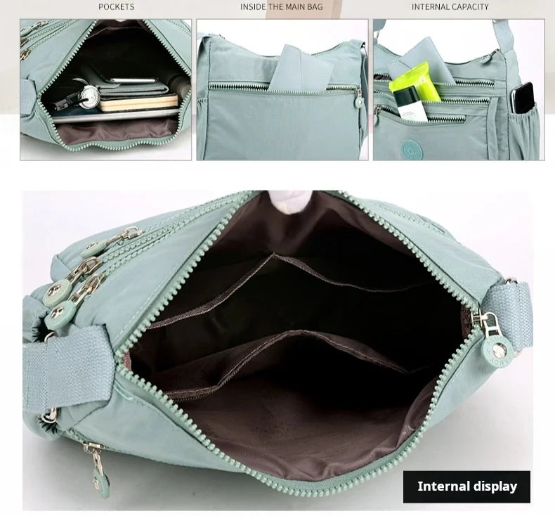A light blue waterproof nylon crossbody shoulder bag showing interior pockets and capacity.