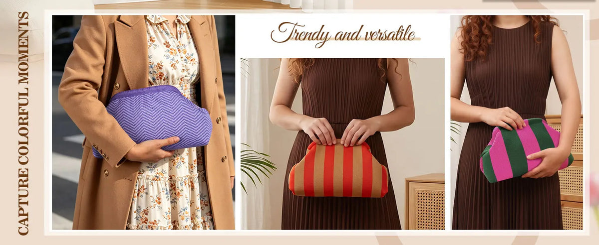 A woman models a brown coat and a striped knit clutch bag, showcasing trendy and versatile fashion.