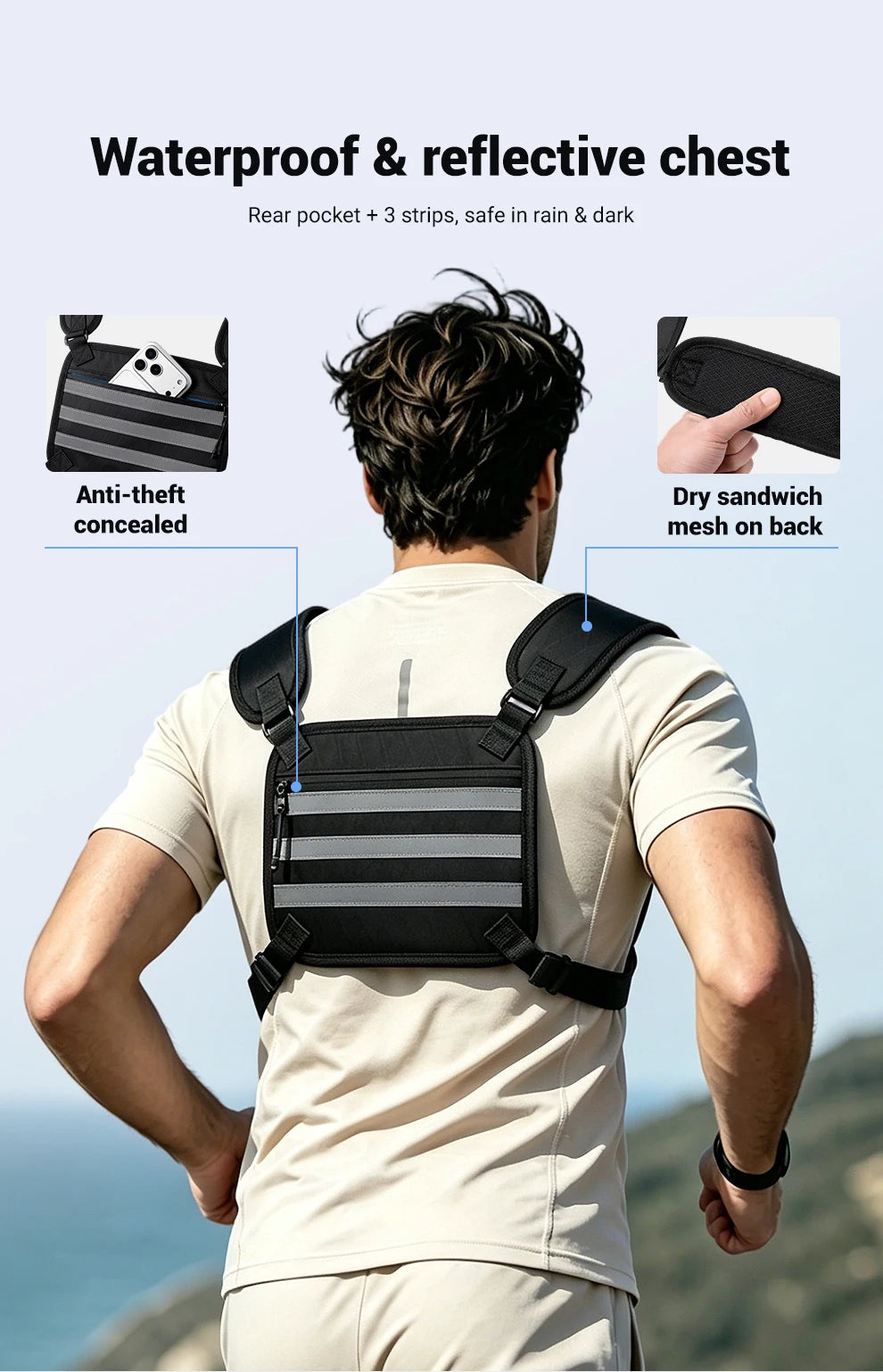 A man wearing a black waterproof and reflective chest pack on his back, demonstrating its fit.