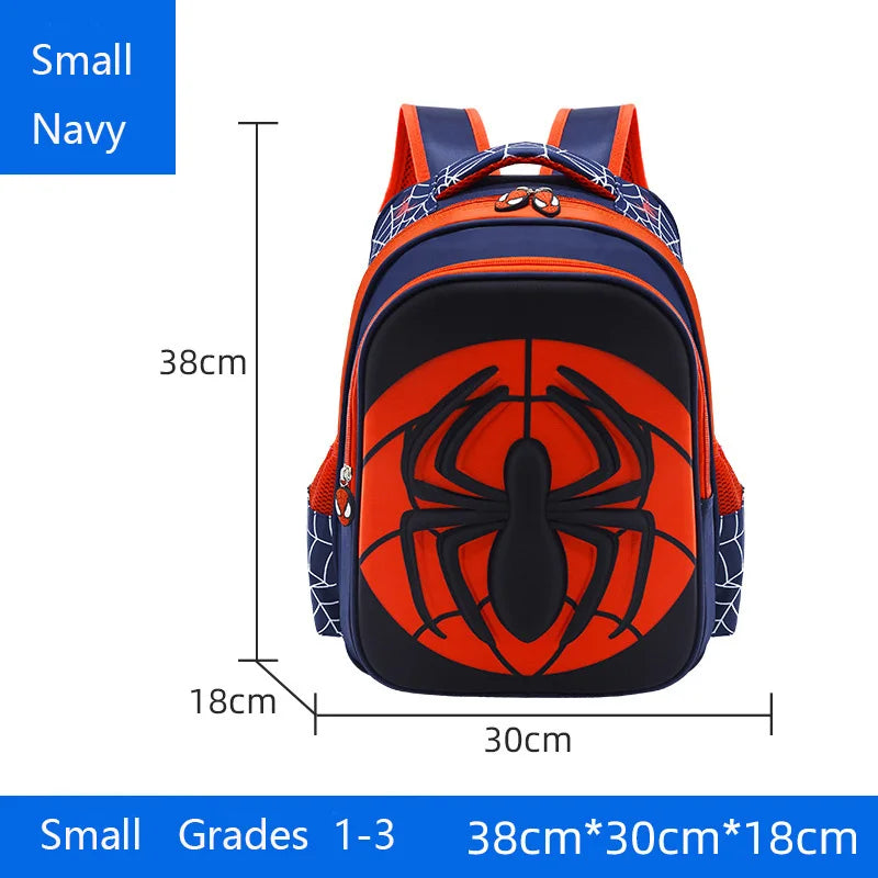 Small navy backpack featuring an orange spider design for kids