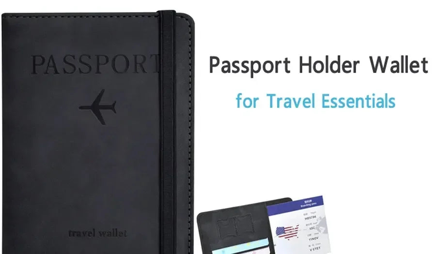 A black passport holder wallet with a leather cover and a blue document visible inside.