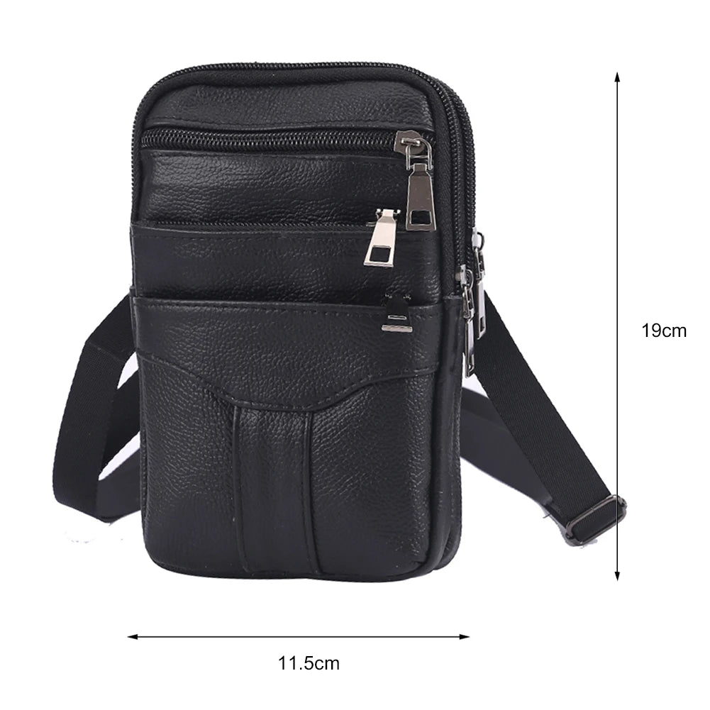 Black vintage cowhide leather crossbody bag with a zipper and adjustable strap.