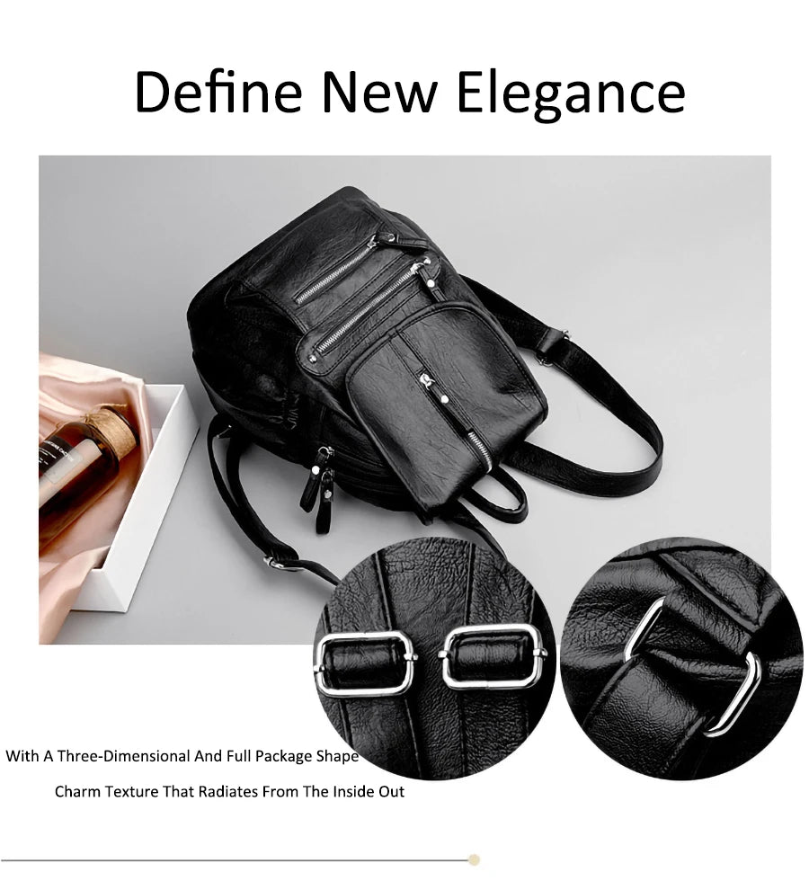 Black vintage soft leather backpack with silver hardware shown next to a close-up of the texture