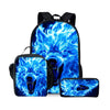 A blue wolf cartoon themed 3-piece backpack set featuring a backpack, lunch bag, and pencil case.