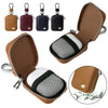 A set of brown and black protective cases for earphones, including a padded case with a mesh insert.