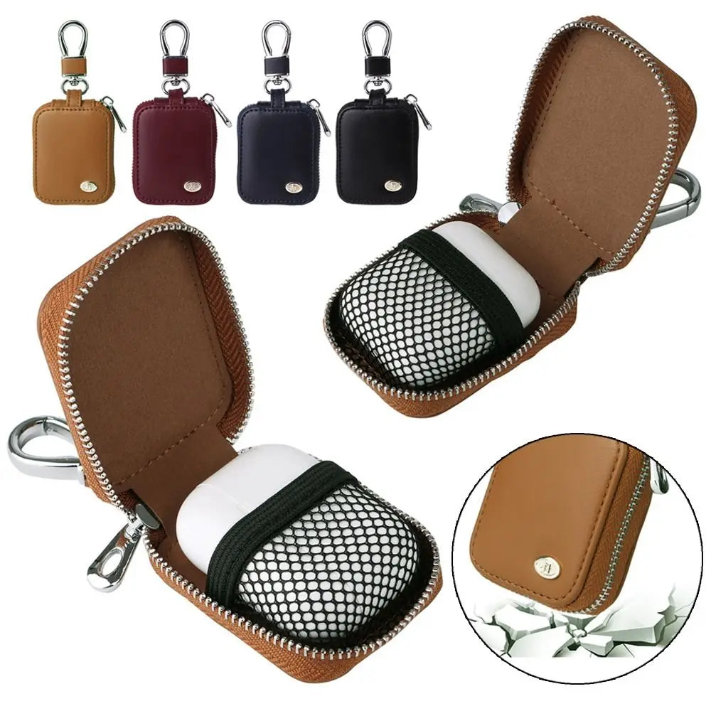 A set of brown and black protective cases for earphones, including a padded case with a mesh insert.