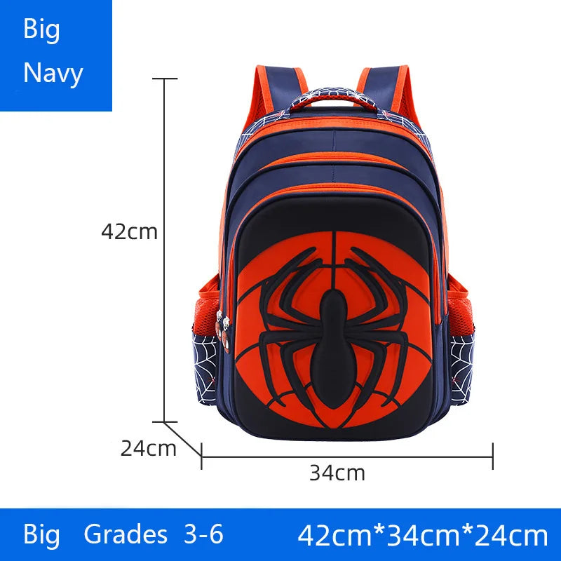 A navy blue backpack featuring an orange and black spider design for kids.