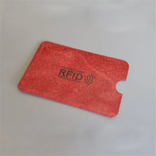 A red RFID protection card is shown against a light gray background.