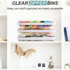 Clear zipper bins organized in a white shelf display for keeping stuff accessible