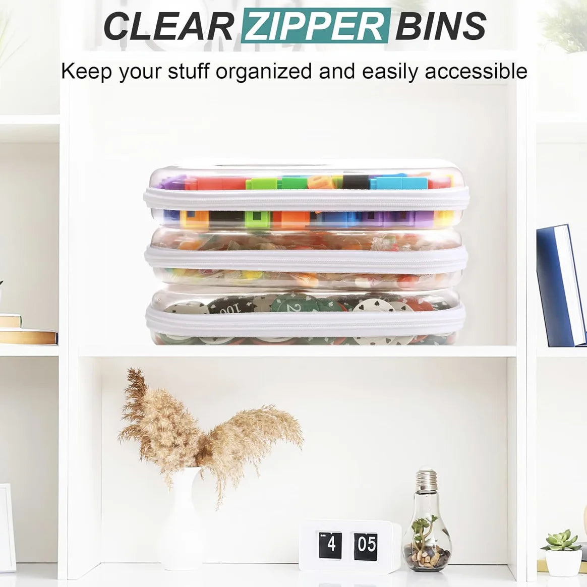 Clear zipper bins organized in a white shelf display for keeping stuff accessible