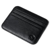 A black genuine leather slim card holder wallet shown from above.