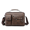 A brown men's PU leather crossbody shoulder bag with a leather strap and silver hardware.