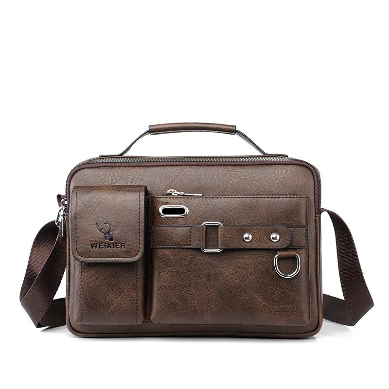 A brown men's PU leather crossbody shoulder bag with a leather strap and silver hardware.
