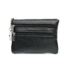 Black PU leather clutch wallet with zippered compartments and a chain detail.