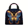 A dark blue insulated tote bag featuring a vibrant, detailed butterfly print with orange and blue accents.