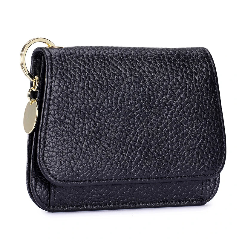 Black genuine leather RFID blocking women's wallet with a gold-tone chain detail
