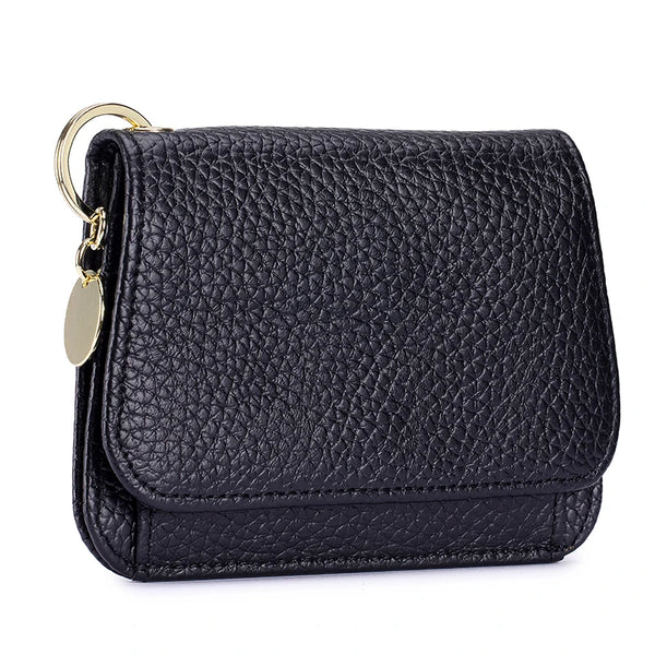Black genuine leather RFID blocking women's wallet with a gold-tone chain detail