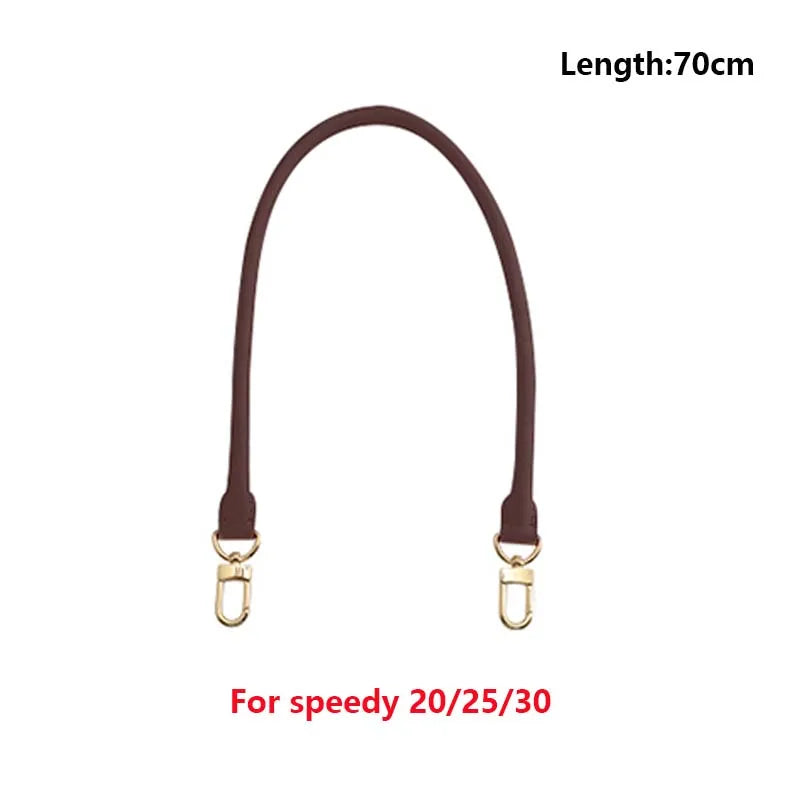 A brown genuine vachetta leather bag strap measuring 70cm, shown hanging down.