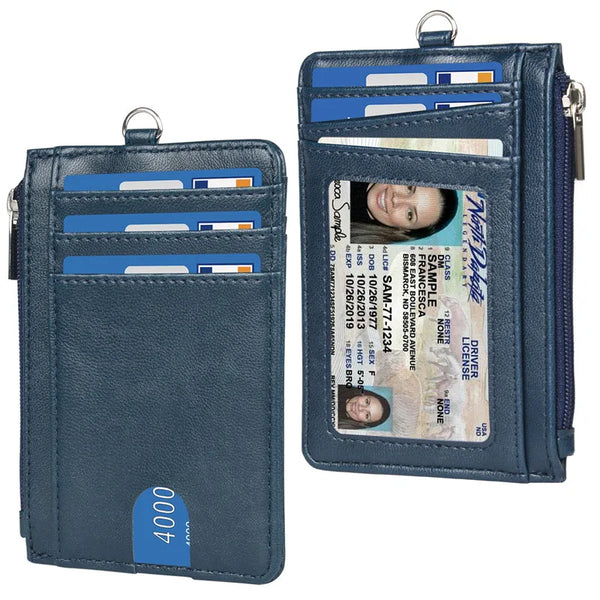 A dark blue leather card holder with multiple slots and a lanyard, featuring an ID card visible inside.