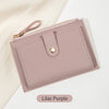 A light lilac purple ultra-thin PU leather card holder wallet with a zipper closure and a leather strap.
