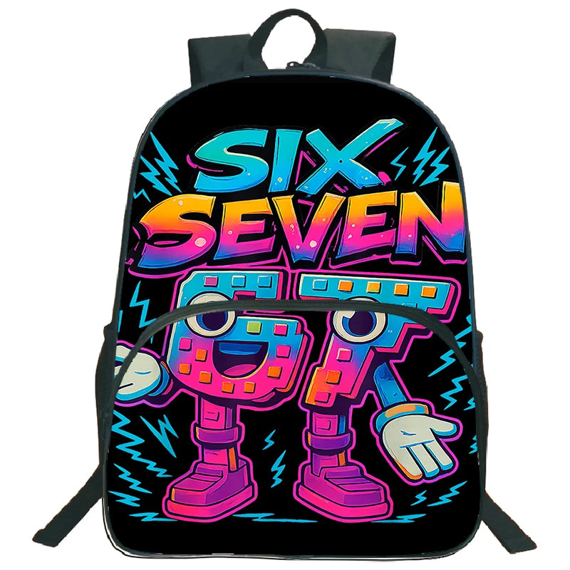 A black backpack featuring a graphic design with the text SIX SEVEN and lightning bolts.