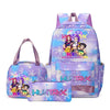 A purple multi-compartment backpack set featuring a large backpack and a separate pouch with colorful dragon hunter designs.