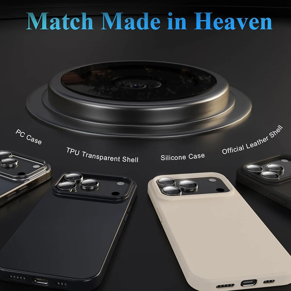 A collection of mobile phone cases and a match made in heaven screen protector film displayed on a dark surface.