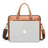 A tan leather business briefcase bag with a handle and shoulder strap, featuring a silver buckle.
