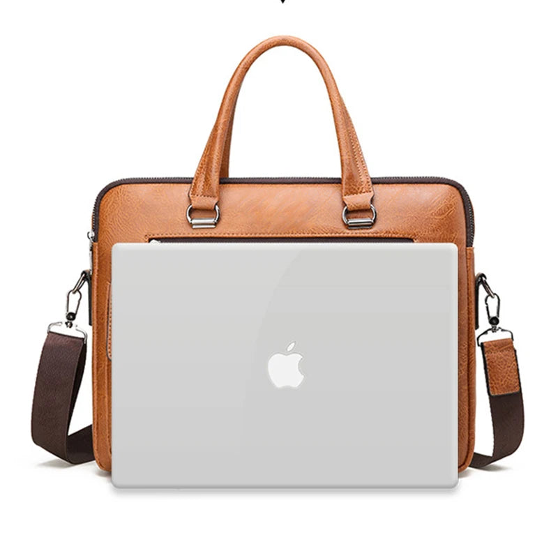 A tan leather business briefcase bag with a handle and shoulder strap, featuring a silver buckle.