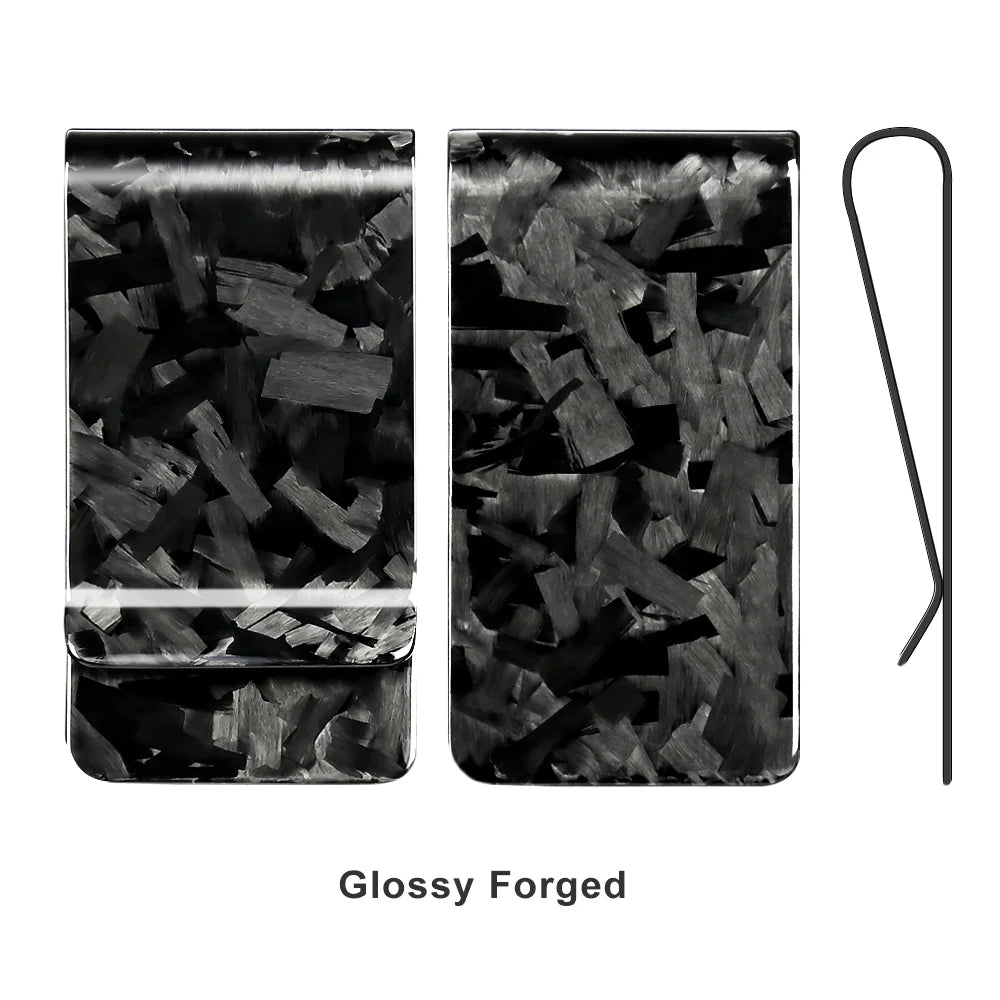Glossy forged black carbon fiber money clip with a wire loop.