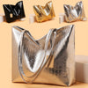 A close-up of an elegant metallic silver zipper tote bag shown in various angles and colors.