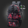 A black and red camouflage patterned travel backpack with a built-in portable charger and light.