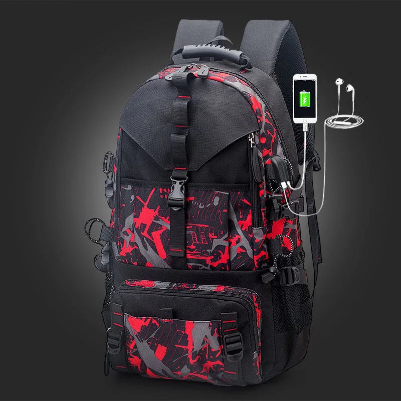 A black and red camouflage patterned travel backpack with a built-in portable charger and light.
