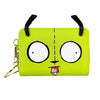 A bright lime green cartoon character coin purse wallet with black strap and large eyes.
