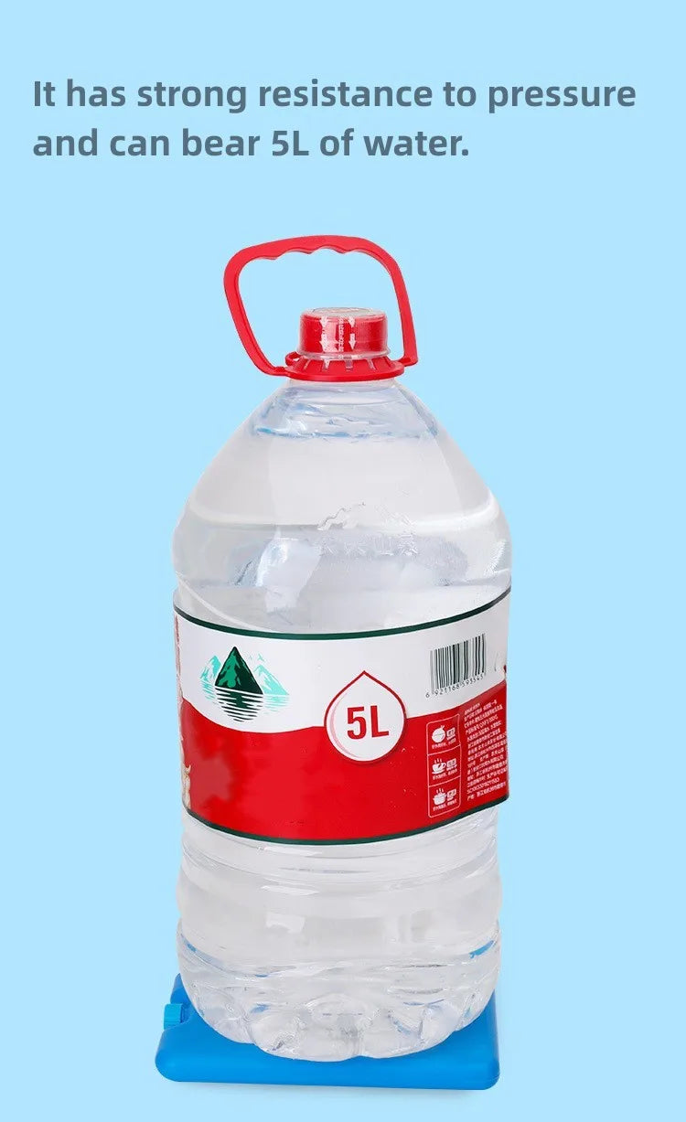 A clear plastic water bottle with a red cap and a blue base, labeled as a 5L reusable ice pack.