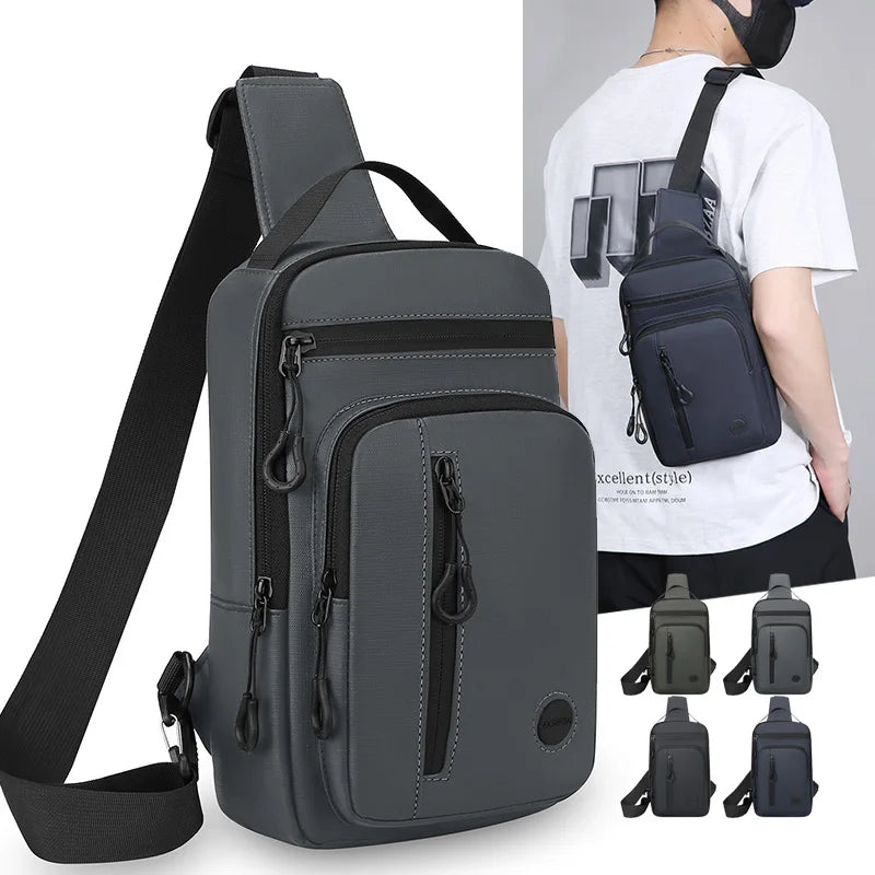 A dark gray lightweight chest bag with a strap and a zippered phone pocket is shown next to a person wearing a white shirt.