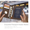 A hand holds an exquisite brown leather passport holder wallet displaying a United States passport.