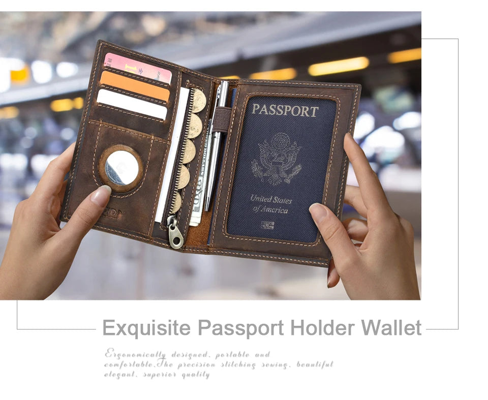 A hand holds an exquisite brown leather passport holder wallet displaying a United States passport.