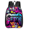 A purple and pink cartoon game controller design on a black backpack with a front pocket.
