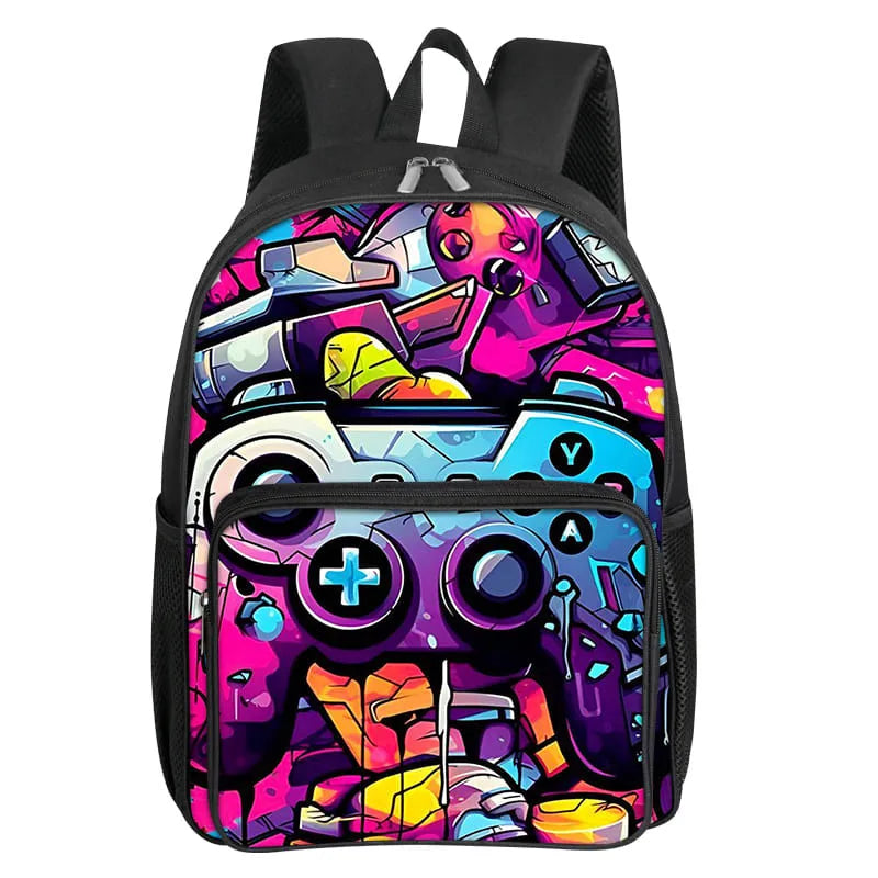 A purple and pink cartoon game controller design on a black backpack with a front pocket.