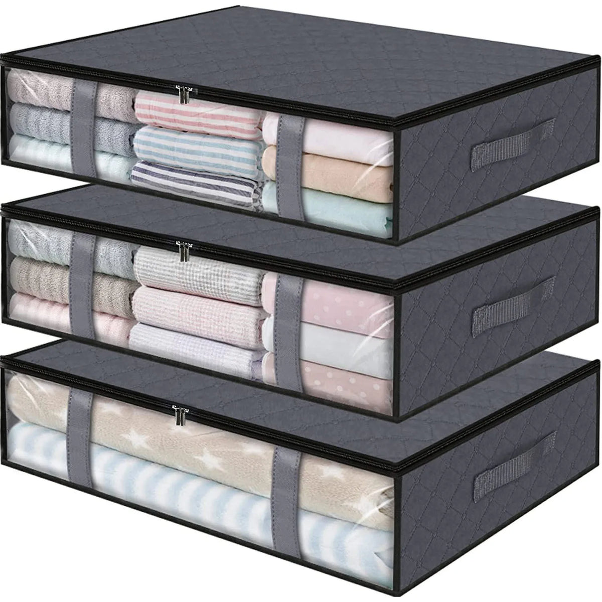 A set of three black under bed storage organizer bins with fabric lining and straps.