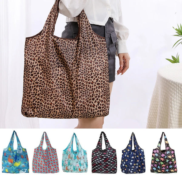 A collection of reusable shopping bags in various floral and patterned designs displayed against a white background.