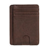 A dark brown slim leather wallet with a card slot and a fold-over design.