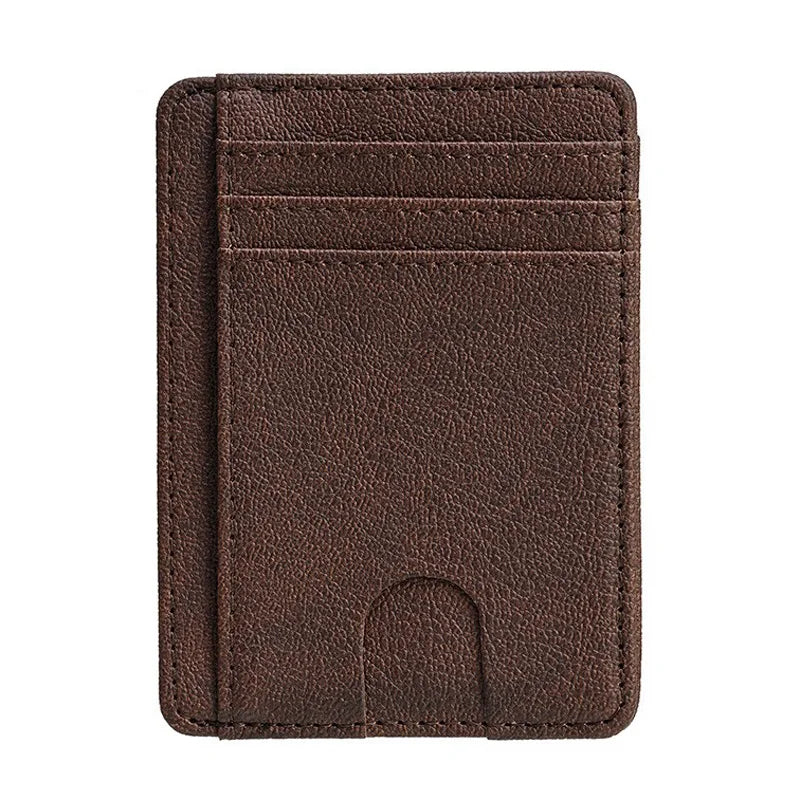 A dark brown slim leather wallet with a card slot and a fold-over design.